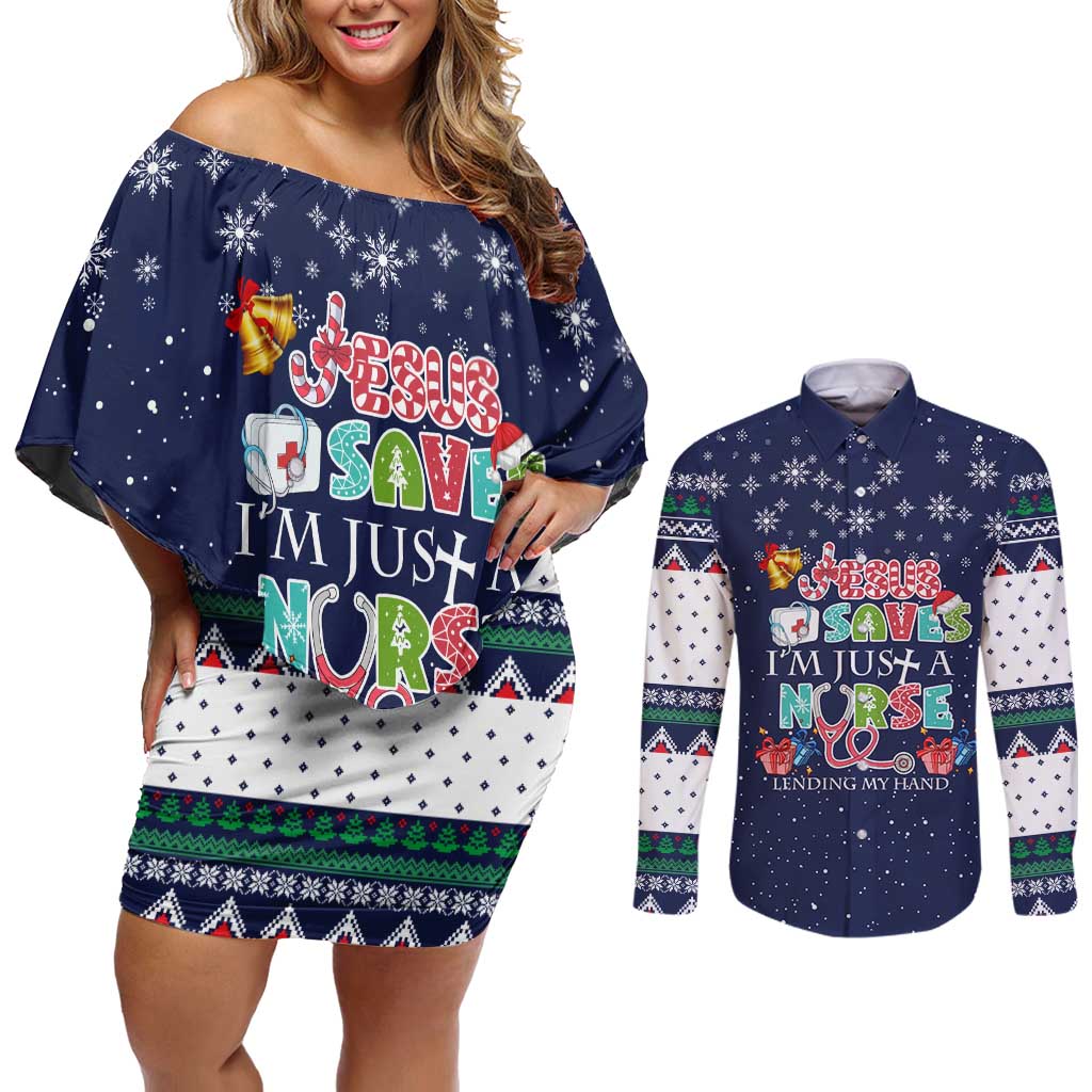 Nurse Life Jesus Christmas Couples Matching Off Shoulder Short Dress and Long Sleeve Button Shirt Xmas Holiday Patterns - Wonder Print Shop