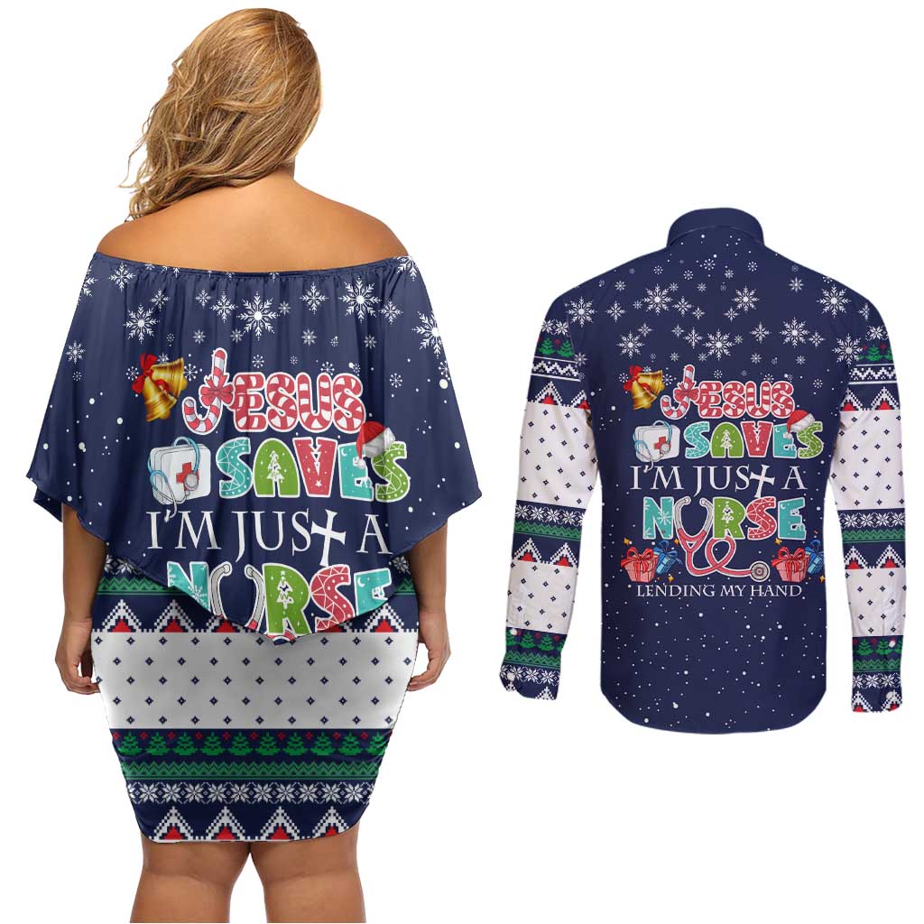 Nurse Life Jesus Christmas Couples Matching Off Shoulder Short Dress and Long Sleeve Button Shirt Xmas Holiday Patterns - Wonder Print Shop