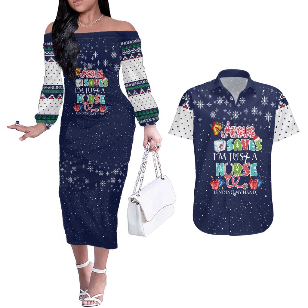 Nurse Life Jesus Christmas Couples Matching Off The Shoulder Long Sleeve Dress and Hawaiian Shirt Xmas Holiday Patterns - Wonder Print Shop