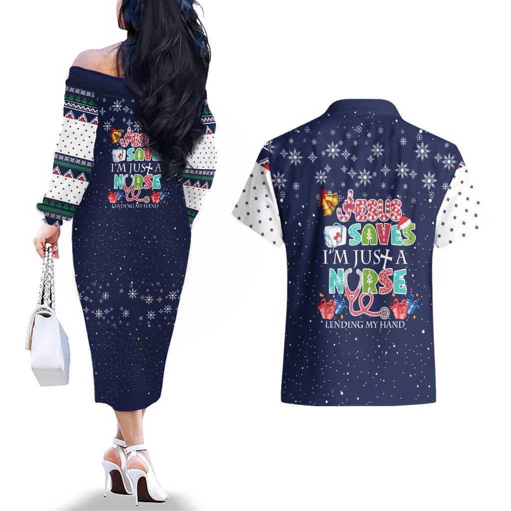Nurse Life Jesus Christmas Couples Matching Off The Shoulder Long Sleeve Dress and Hawaiian Shirt Xmas Holiday Patterns - Wonder Print Shop