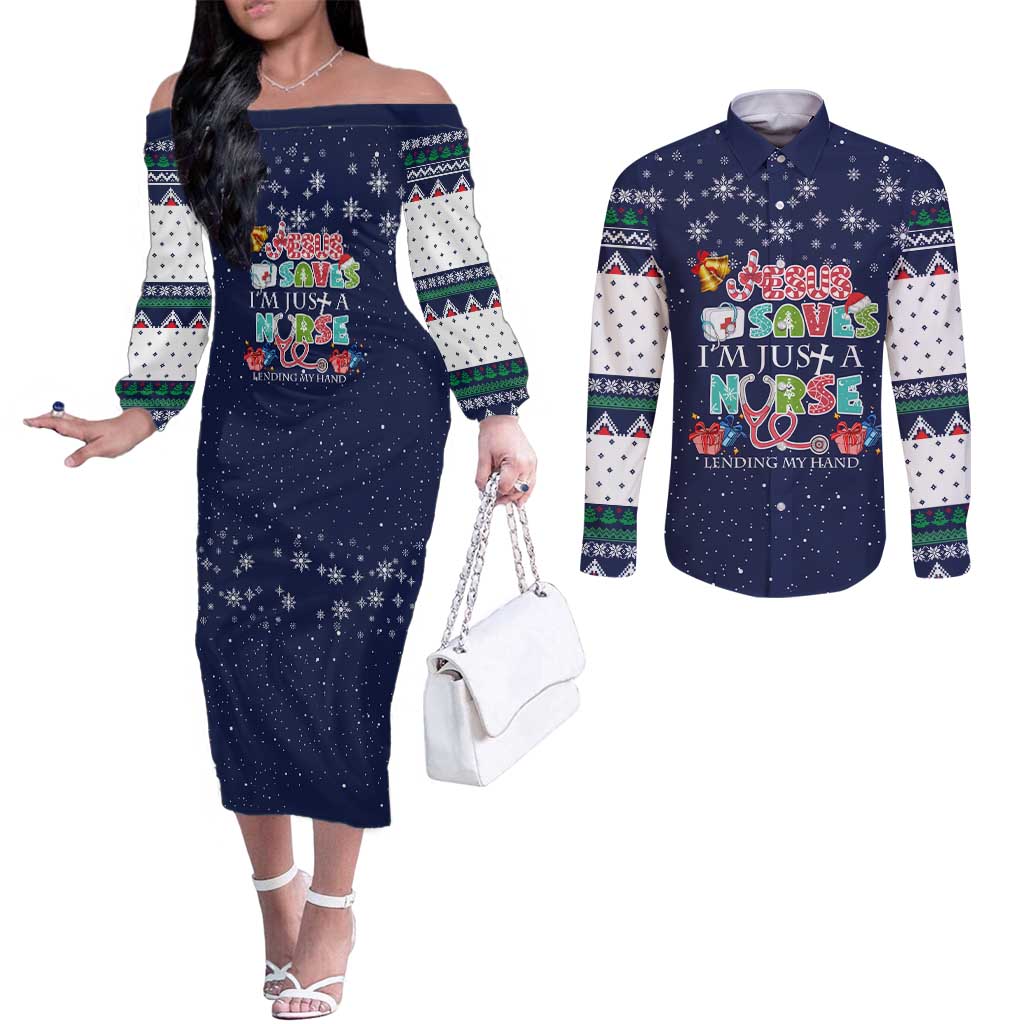 Nurse Life Jesus Christmas Couples Matching Off The Shoulder Long Sleeve Dress and Long Sleeve Button Shirt Xmas Holiday Patterns - Wonder Print Shop