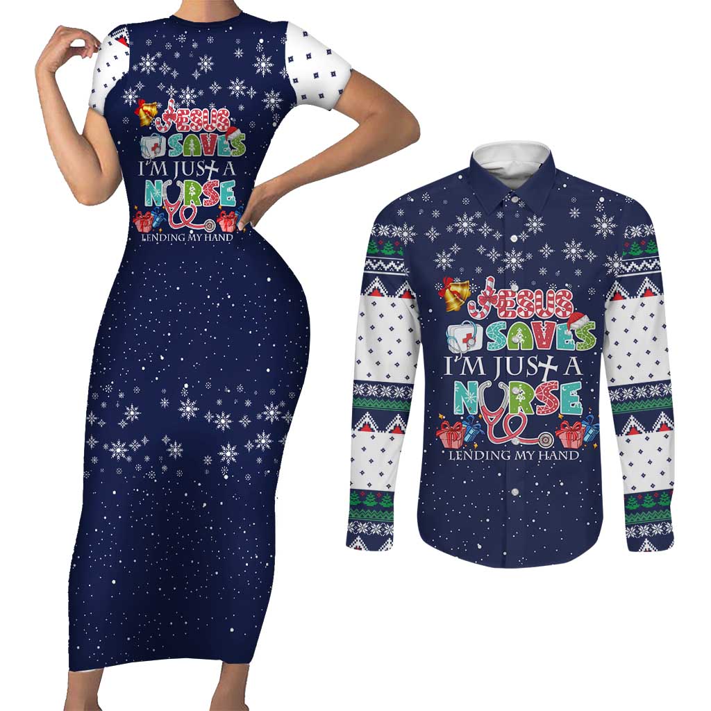 Nurse Life Jesus Christmas Couples Matching Short Sleeve Bodycon Dress and Long Sleeve Button Shirt Xmas Holiday Patterns - Wonder Print Shop