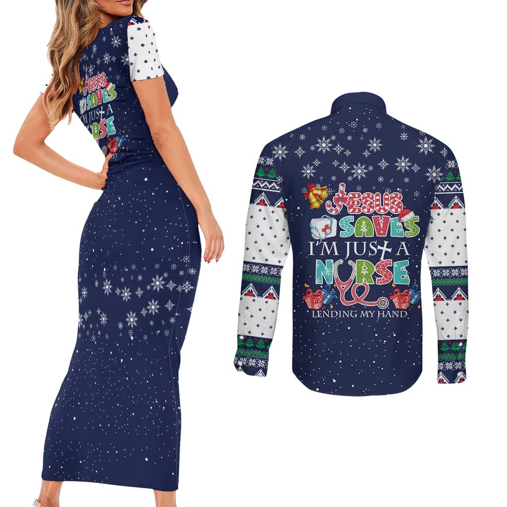 Nurse Life Jesus Christmas Couples Matching Short Sleeve Bodycon Dress and Long Sleeve Button Shirt Xmas Holiday Patterns - Wonder Print Shop