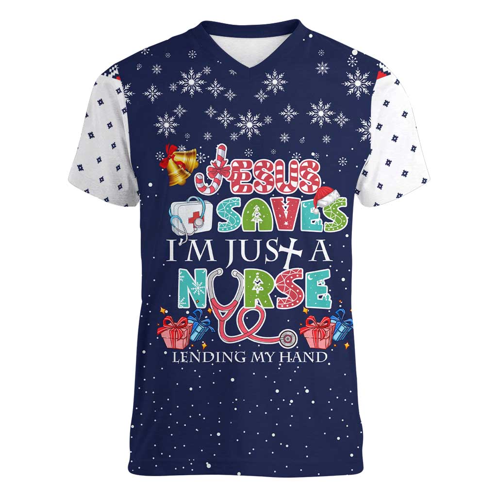 Nurse Life Jesus Christmas Women V-Neck T-Shirt Xmas Holiday Patterns - Wonder Print Shop