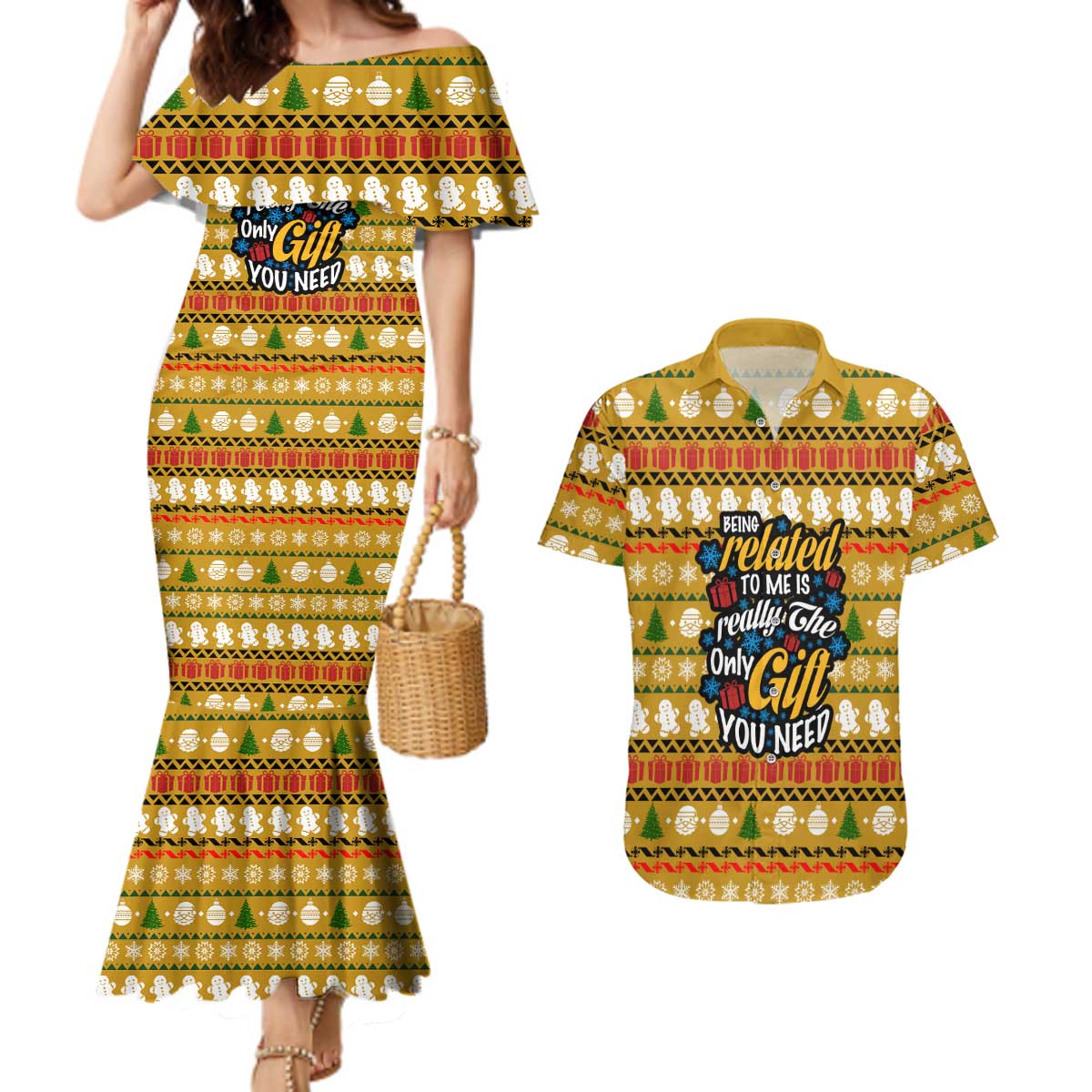 The Only Gift You Need Christmas Couples Matching Mermaid Dress and Hawaiian Shirt Xmas Holiday Patterns - Wonder Print Shop