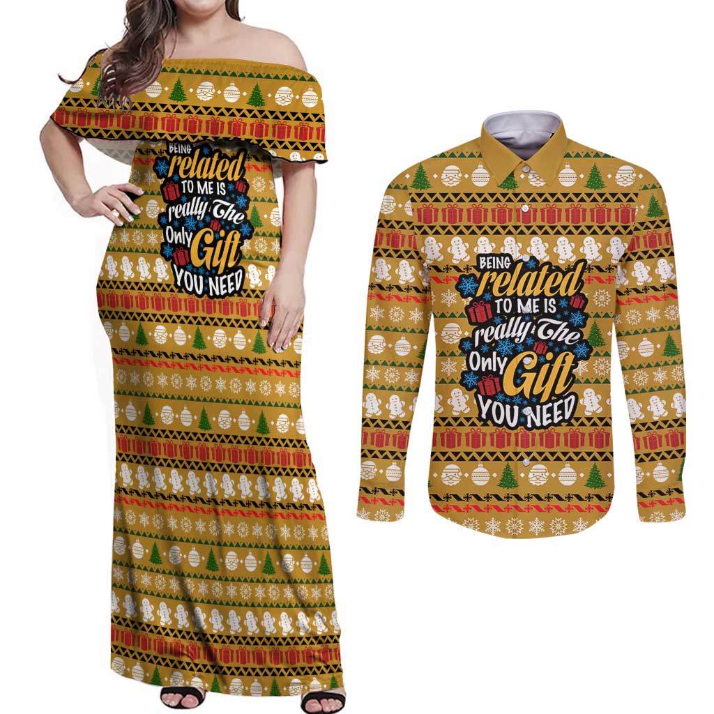 The Only Gift You Need Christmas Couples Matching Off Shoulder Maxi Dress and Long Sleeve Button Shirt Xmas Holiday Patterns - Wonder Print Shop