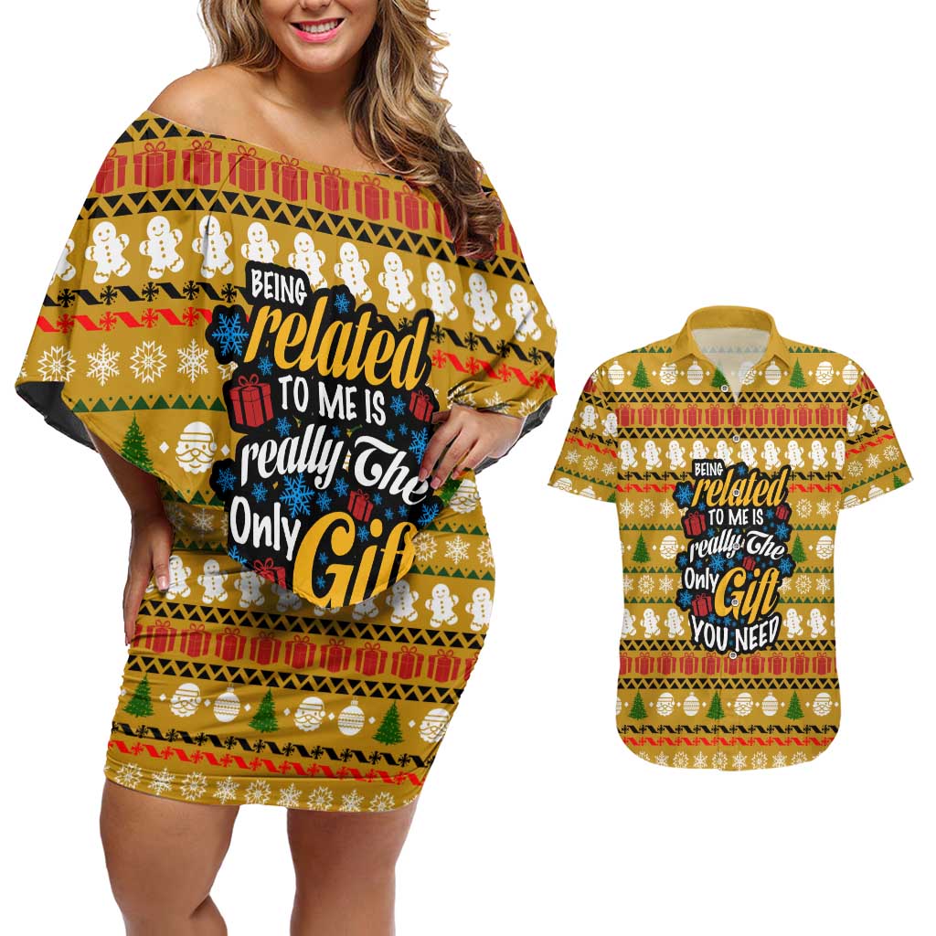 The Only Gift You Need Christmas Couples Matching Off Shoulder Short Dress and Hawaiian Shirt Xmas Holiday Patterns - Wonder Print Shop