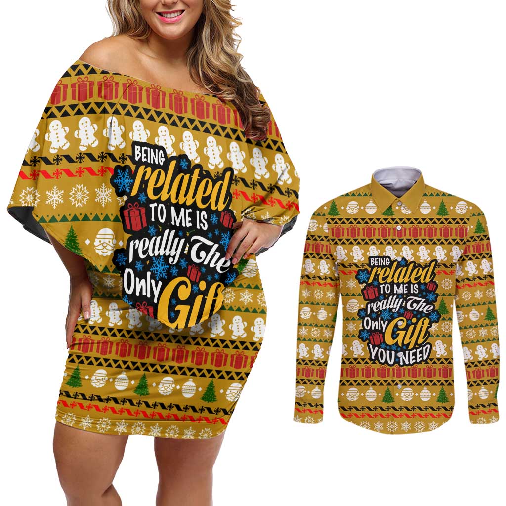 The Only Gift You Need Christmas Couples Matching Off Shoulder Short Dress and Long Sleeve Button Shirt Xmas Holiday Patterns - Wonder Print Shop