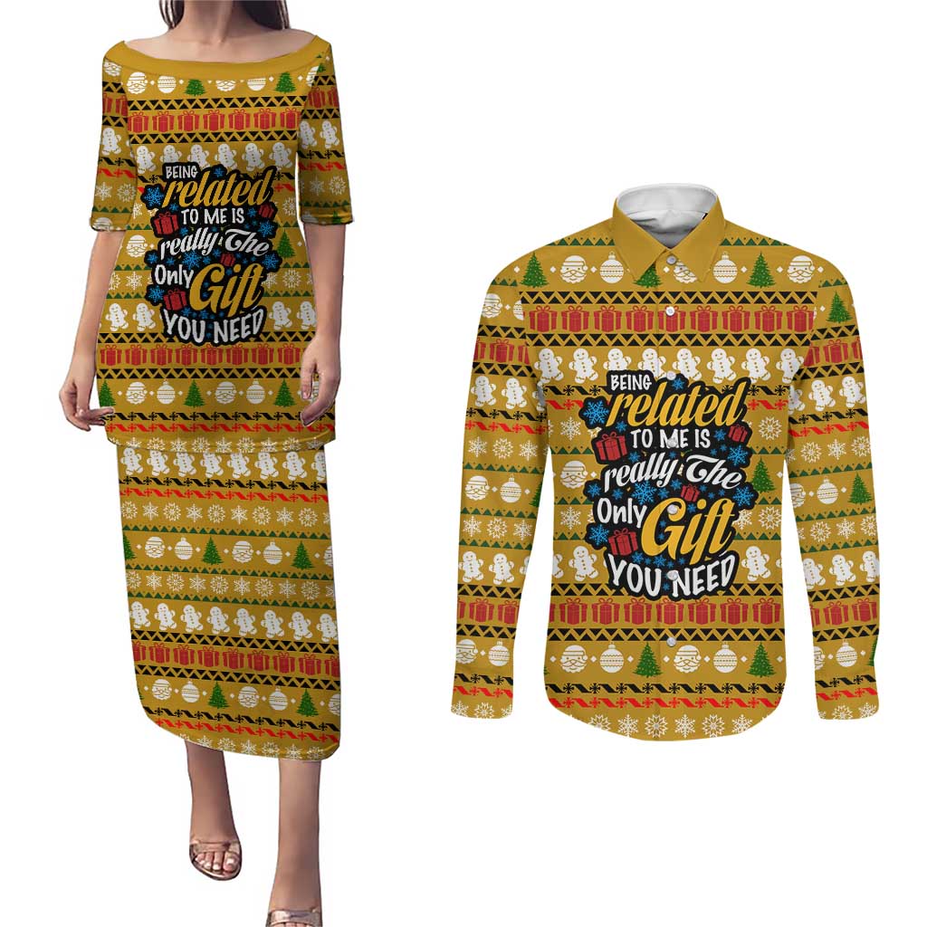 The Only Gift You Need Christmas Couples Matching Puletasi and Long Sleeve Button Shirt Xmas Holiday Patterns - Wonder Print Shop