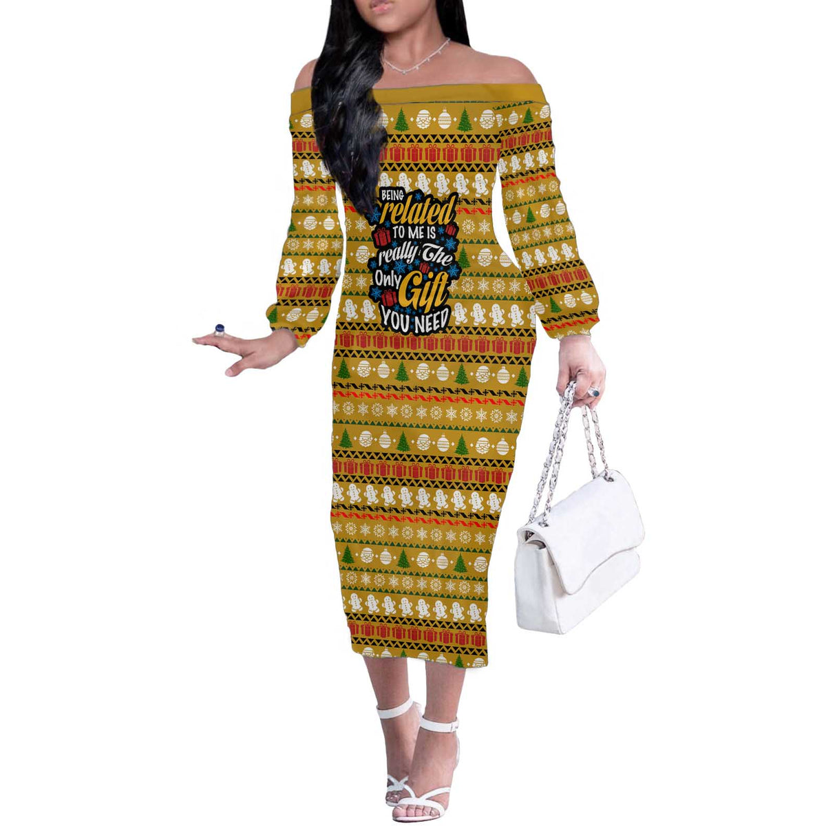 The Only Gift You Need Christmas Off The Shoulder Long Sleeve Dress Xmas Holiday Patterns - Wonder Print Shop