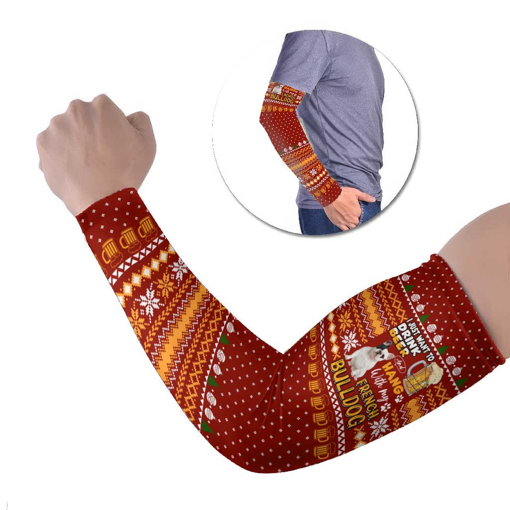 Drink Beer With French Bulldog Christmas Arm Sleeves Xmas Holiday Patterns - Wonder Print Shop