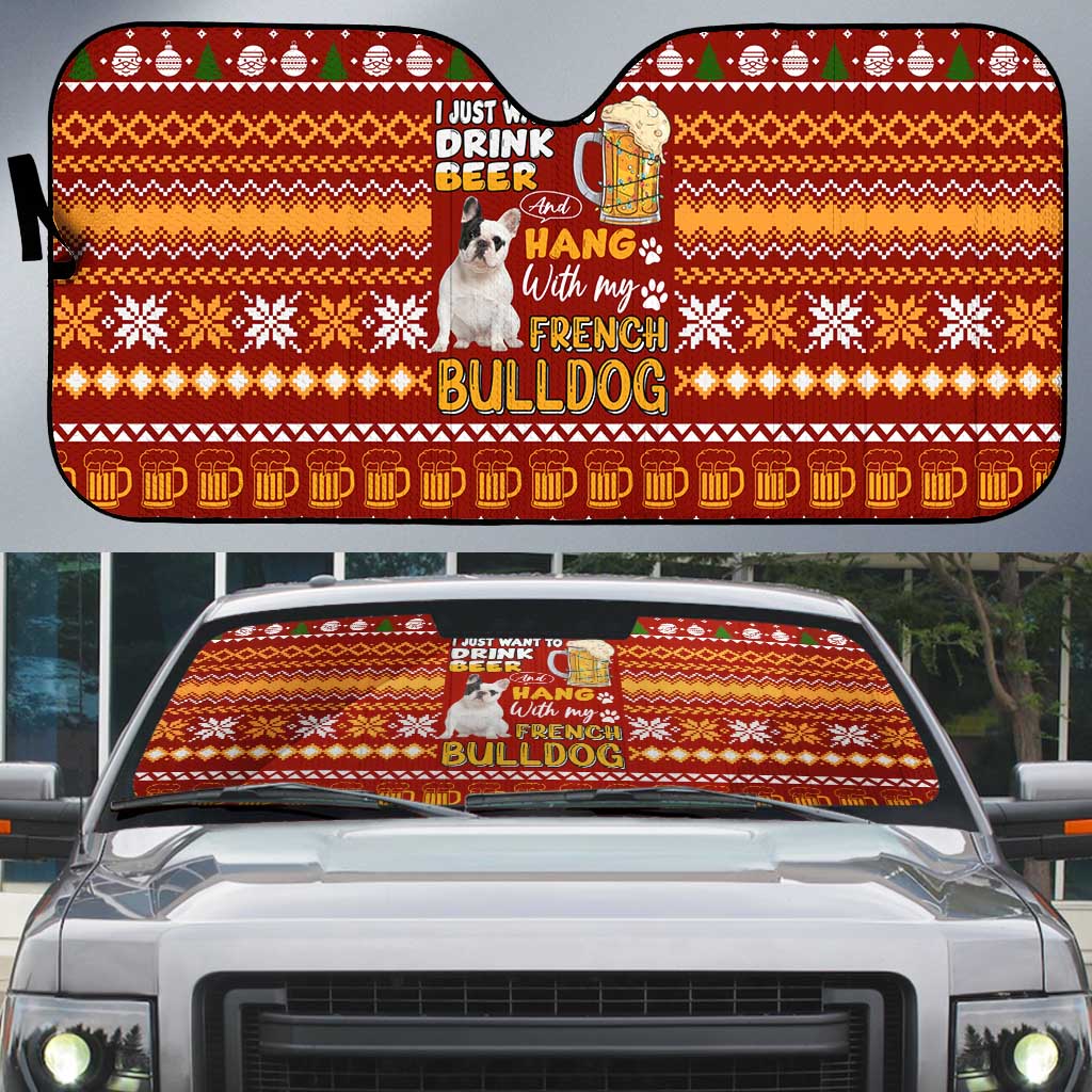 Drink Beer With French Bulldog Christmas Auto Sun Shade Xmas Holiday Patterns - Wonder Print Shop