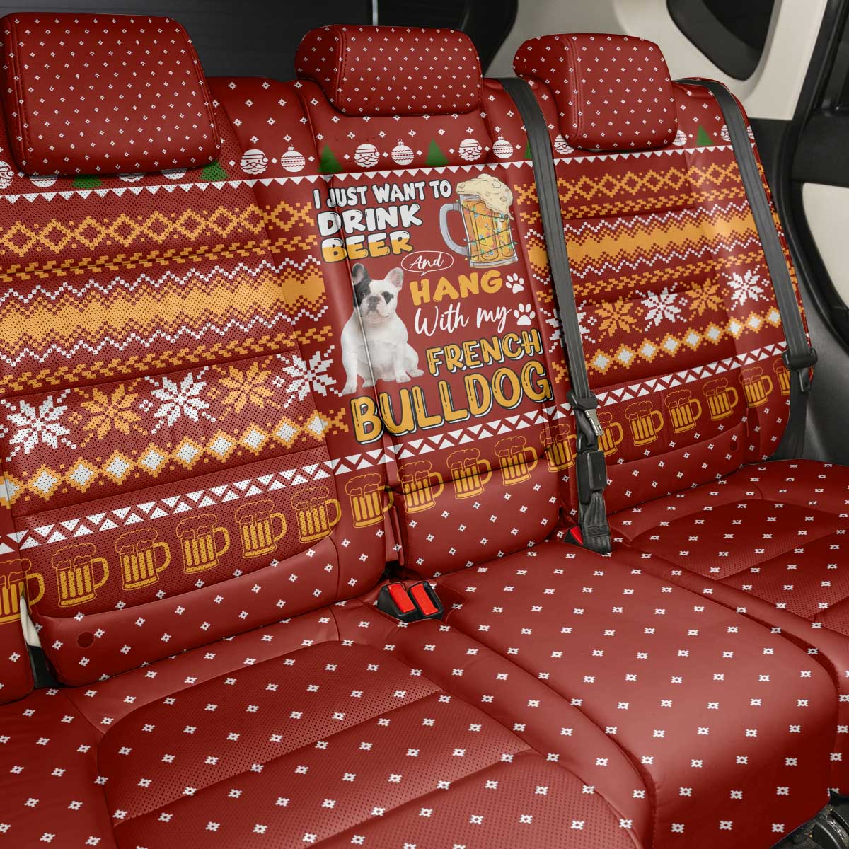 Drink Beer With French Bulldog Christmas Back Car Seat Cover Xmas Holiday Patterns - Wonder Print Shop