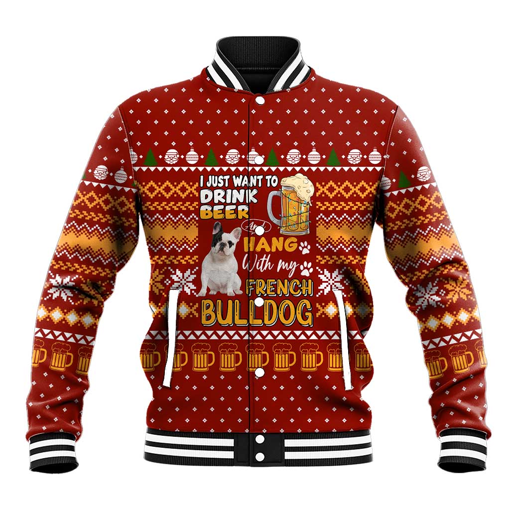 Drink Beer With French Bulldog Christmas Baseball Jacket Xmas Holiday Patterns - Wonder Print Shop
