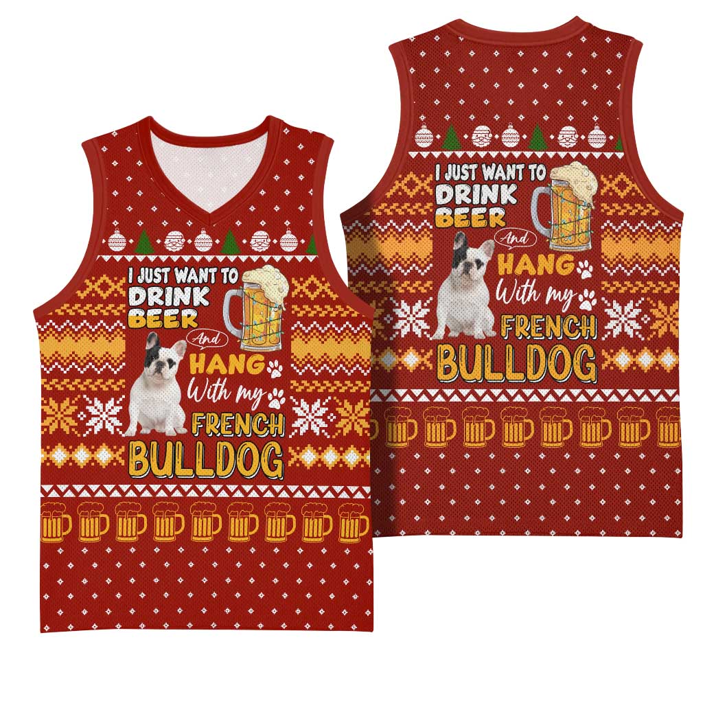Drink Beer With French Bulldog Christmas Basketball Jersey Xmas Holiday Patterns - Wonder Print Shop