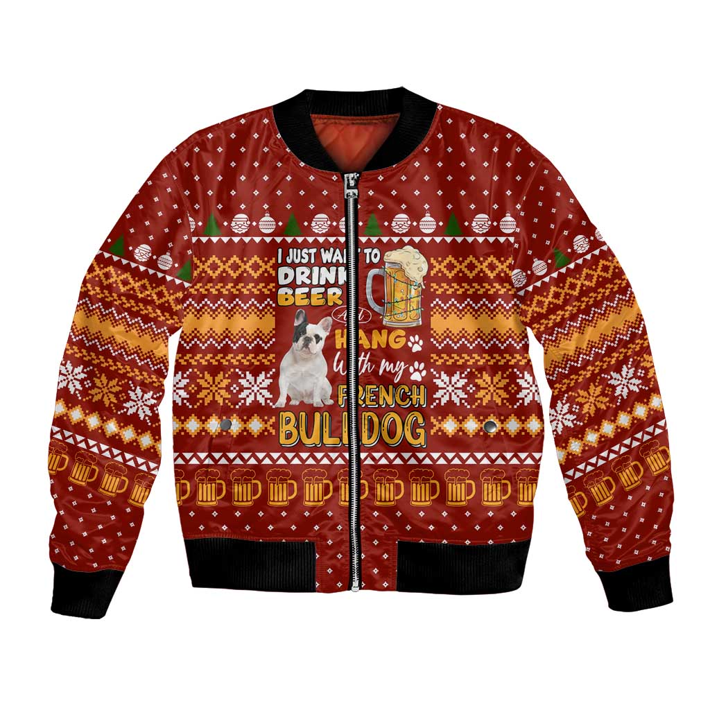 Drink Beer With French Bulldog Christmas Bomber Jacket Xmas Holiday Patterns - Wonder Print Shop