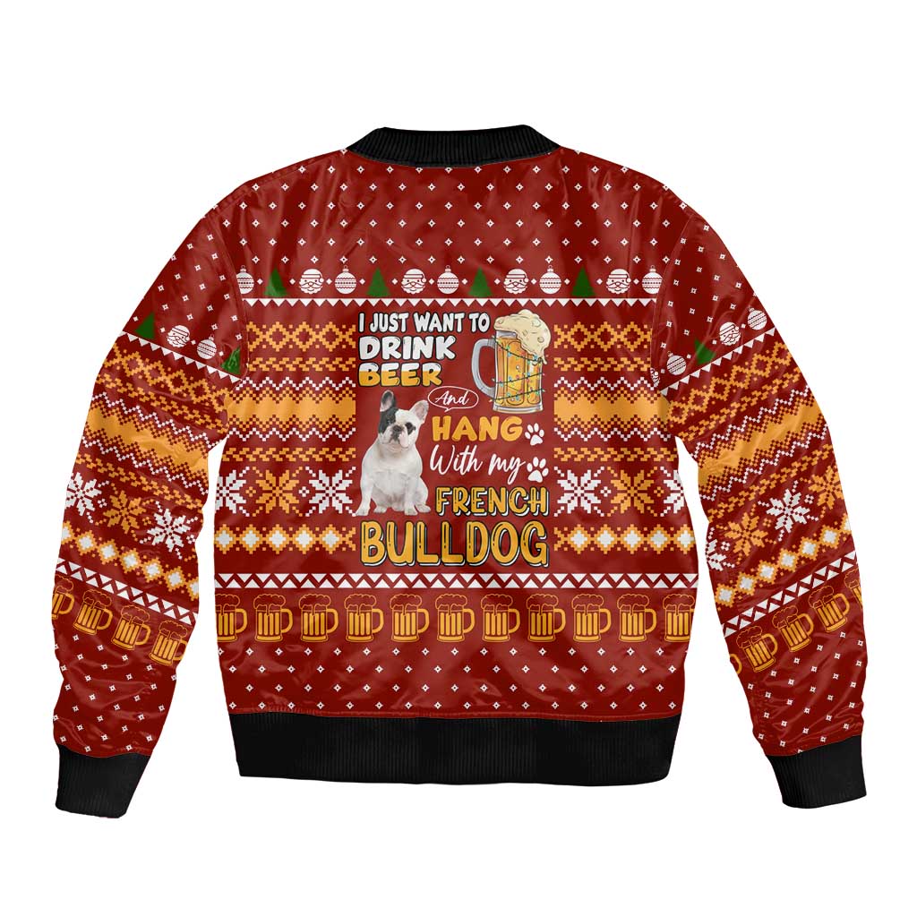 Drink Beer With French Bulldog Christmas Bomber Jacket Xmas Holiday Patterns - Wonder Print Shop