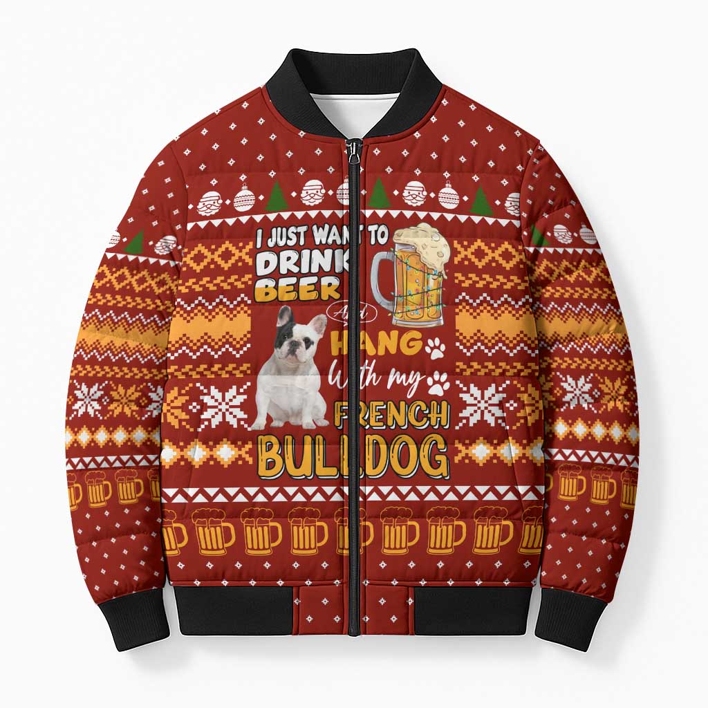Drink Beer With French Bulldog Christmas Bomber Puffer Jacket Xmas Holiday Patterns - Wonder Print Shop
