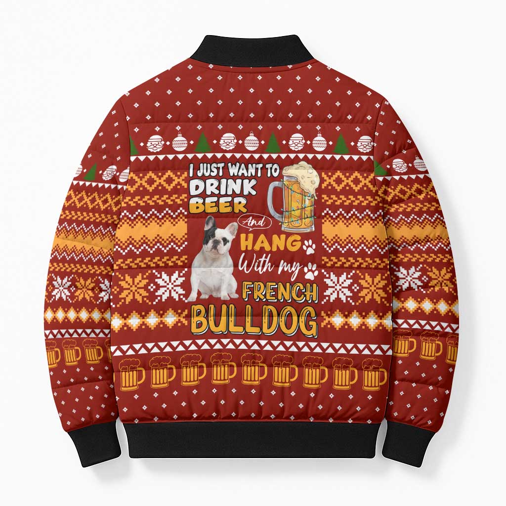 Drink Beer With French Bulldog Christmas Bomber Puffer Jacket Xmas Holiday Patterns - Wonder Print Shop