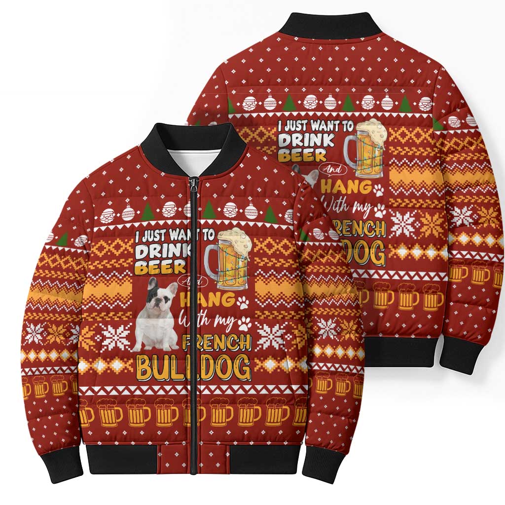 Drink Beer With French Bulldog Christmas Bomber Puffer Jacket Xmas Holiday Patterns - Wonder Print Shop