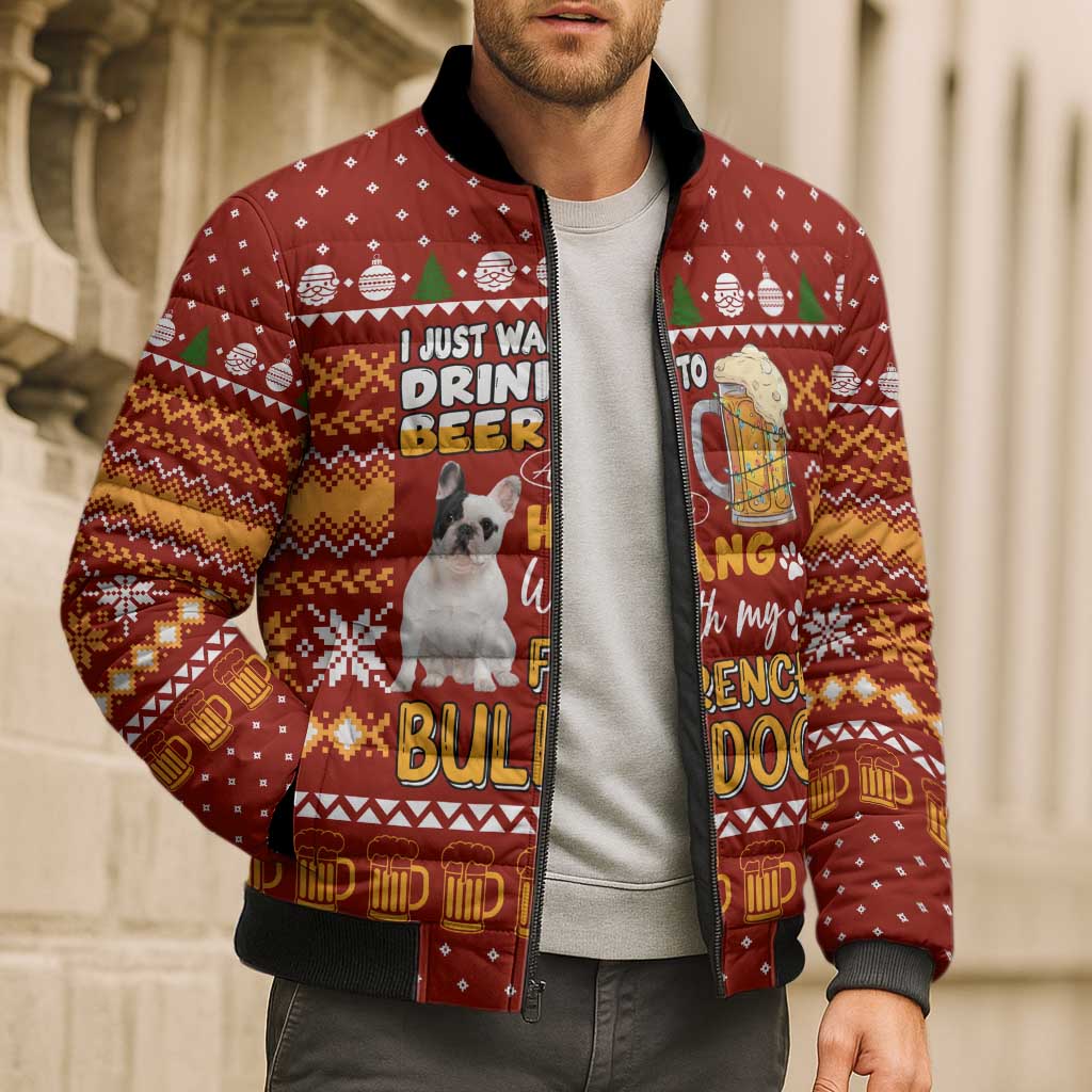 Drink Beer With French Bulldog Christmas Bomber Puffer Jacket Xmas Holiday Patterns - Wonder Print Shop
