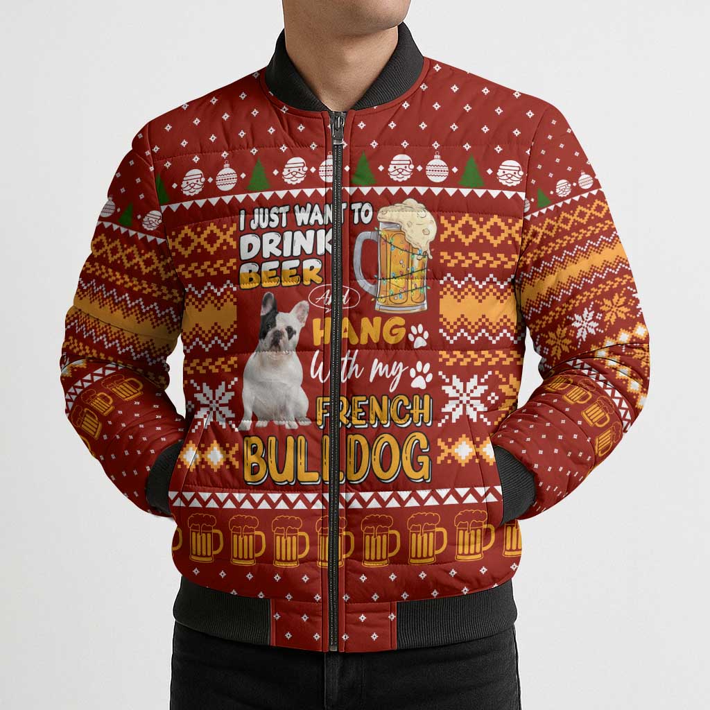 Drink Beer With French Bulldog Christmas Bomber Puffer Jacket Xmas Holiday Patterns - Wonder Print Shop