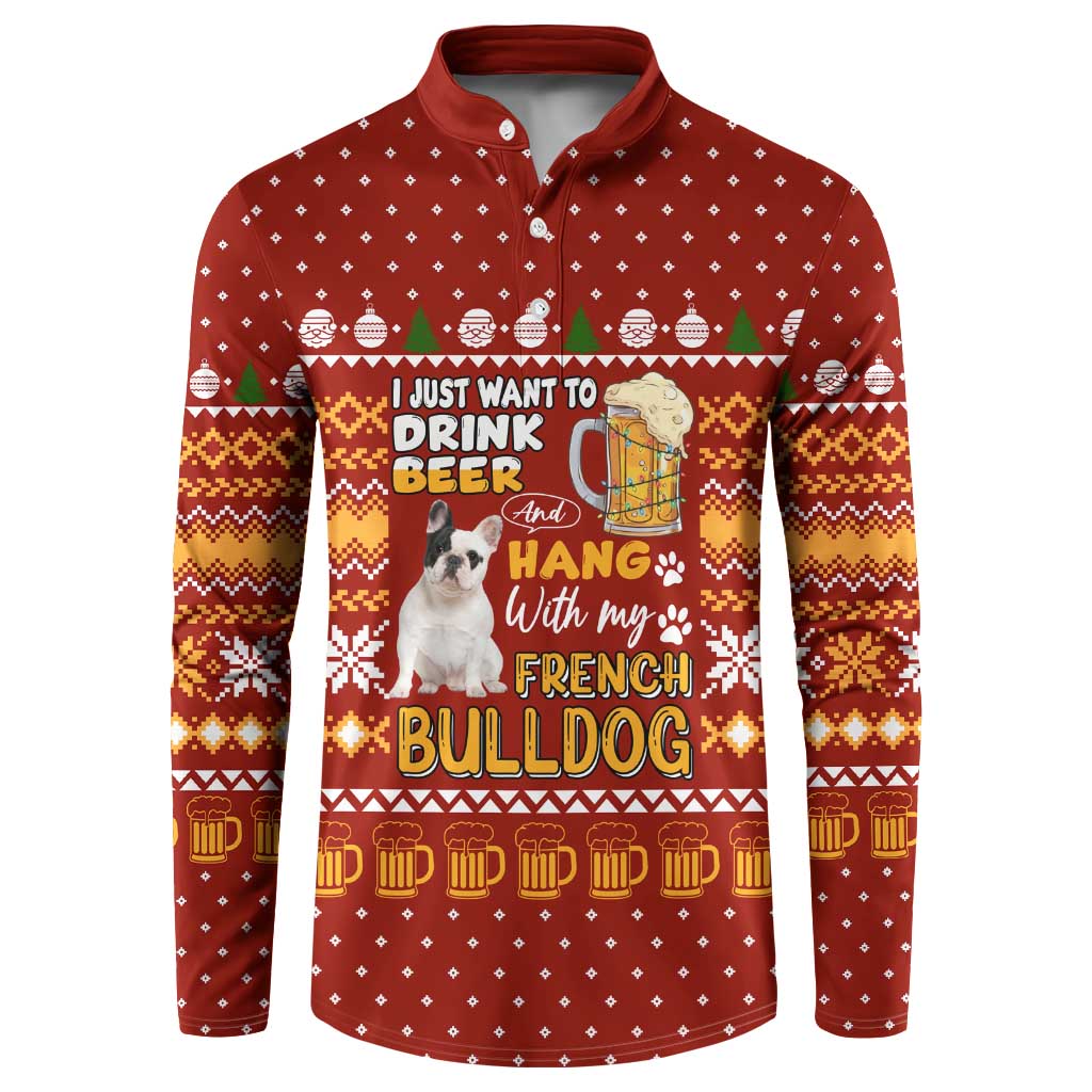 Drink Beer With French Bulldog Christmas Button Sweatshirt Xmas Holiday Patterns - Wonder Print Shop