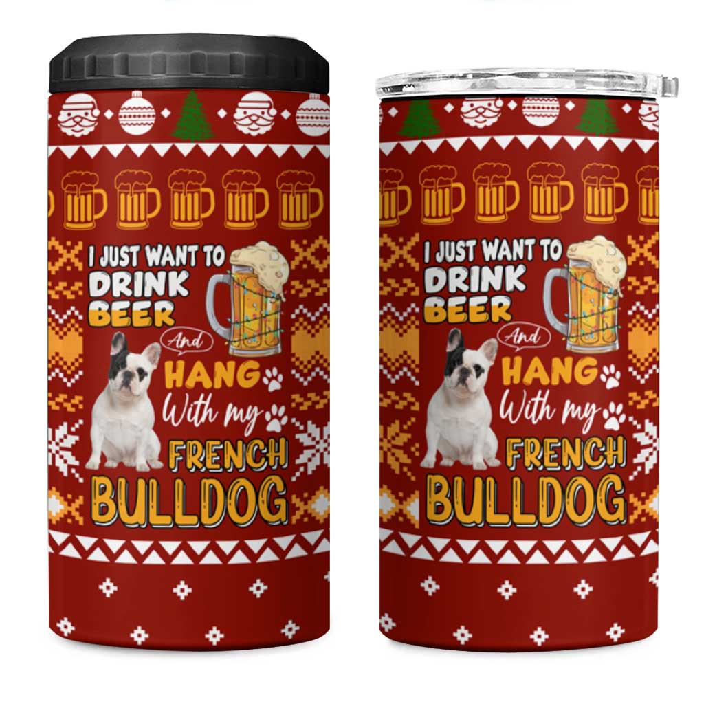 Drink Beer With French Bulldog Christmas 4 in 1 Can Cooler Tumbler Xmas Holiday Patterns - Wonder Print Shop