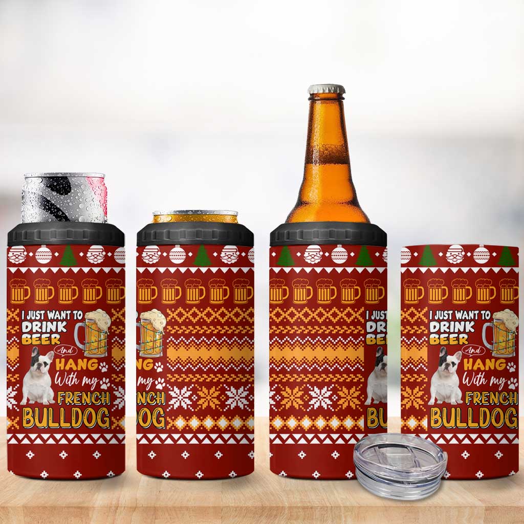 Drink Beer With French Bulldog Christmas 4 in 1 Can Cooler Tumbler Xmas Holiday Patterns - Wonder Print Shop