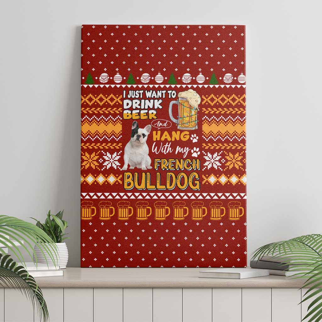 Drink Beer With French Bulldog Christmas Canvas Wall Art Xmas Holiday Patterns - Wonder Print Shop