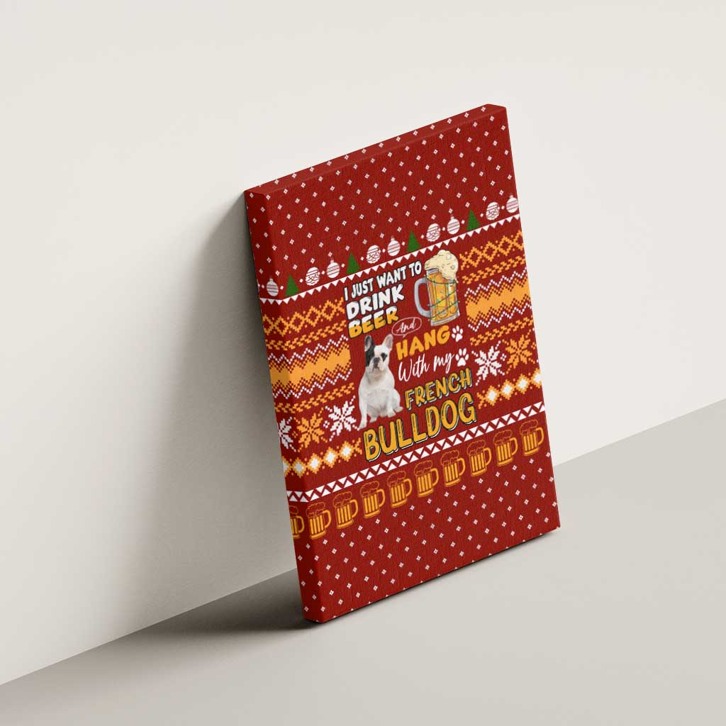 Drink Beer With French Bulldog Christmas Canvas Wall Art Xmas Holiday Patterns - Wonder Print Shop