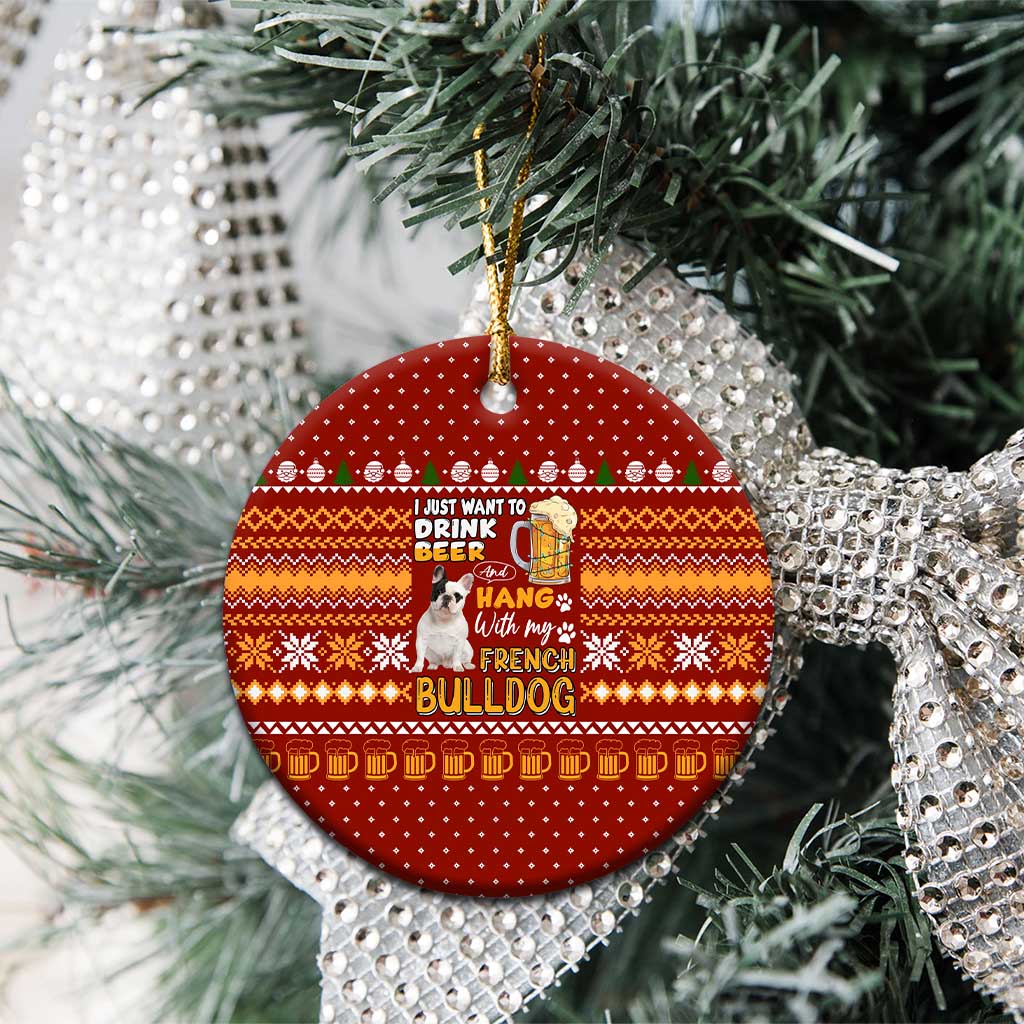 Drink Beer With French Bulldog Christmas Ceramic Ornament Xmas Holiday Patterns - Wonder Print Shop