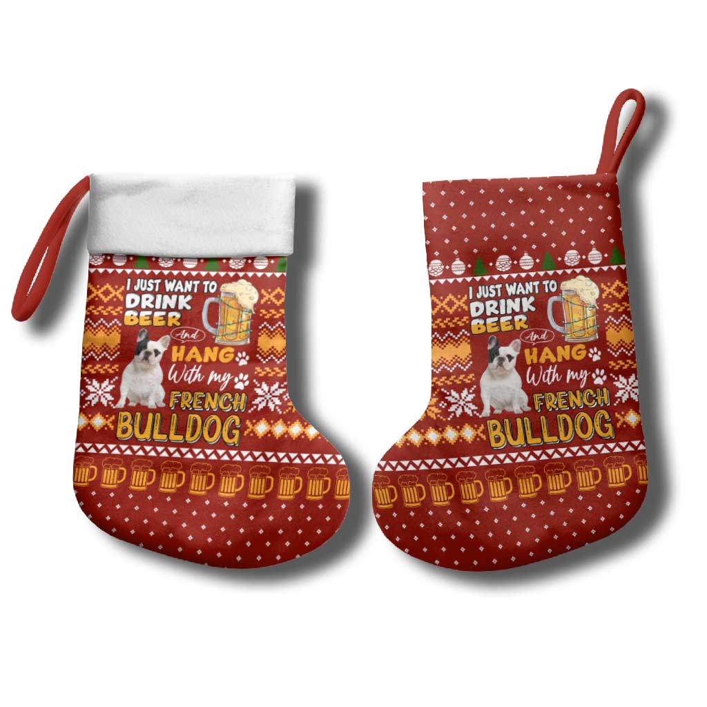 Drink Beer With French Bulldog Christmas Stocking Xmas Holiday Patterns - Wonder Print Shop