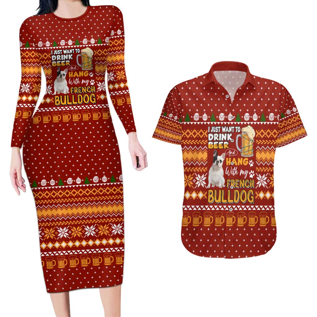 Drink Beer With French Bulldog Christmas Couples Matching Long Sleeve Bodycon Dress and Hawaiian Shirt Xmas Holiday Patterns - Wonder Print Shop
