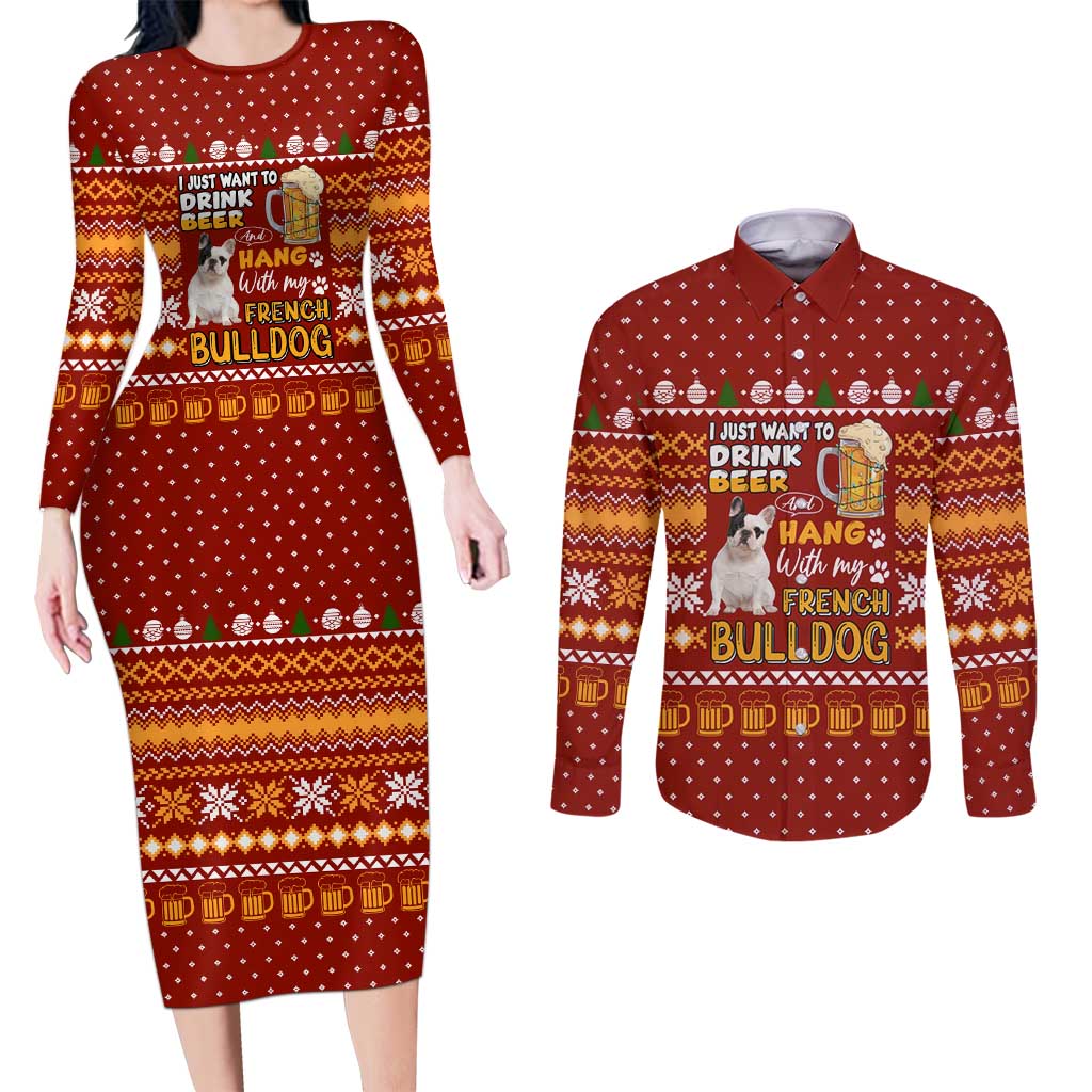 Drink Beer With French Bulldog Christmas Couples Matching Long Sleeve Bodycon Dress and Long Sleeve Button Shirt Xmas Holiday Patterns - Wonder Print Shop