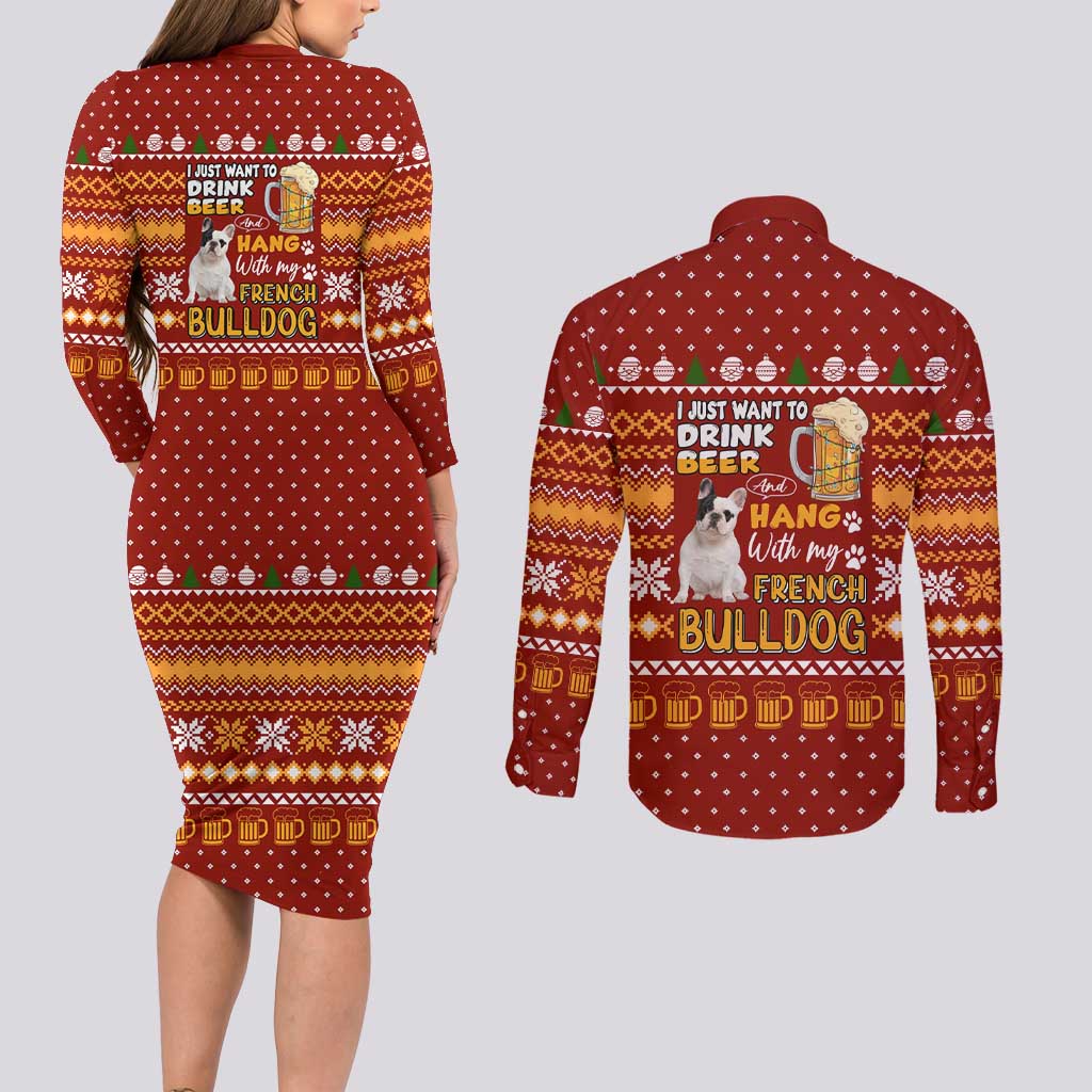 Drink Beer With French Bulldog Christmas Couples Matching Long Sleeve Bodycon Dress and Long Sleeve Button Shirt Xmas Holiday Patterns - Wonder Print Shop