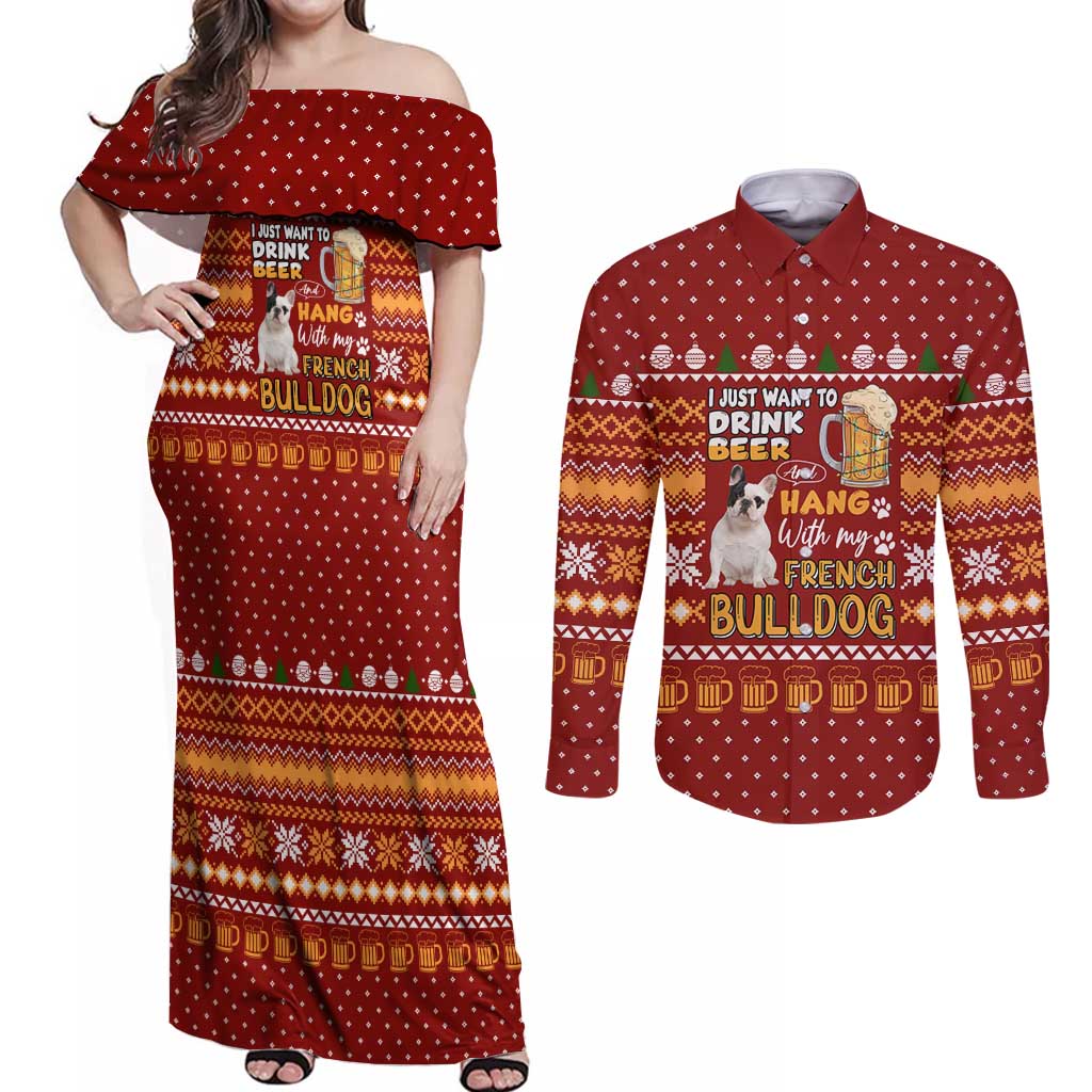 Drink Beer With French Bulldog Christmas Couples Matching Off Shoulder Maxi Dress and Long Sleeve Button Shirt Xmas Holiday Patterns - Wonder Print Shop