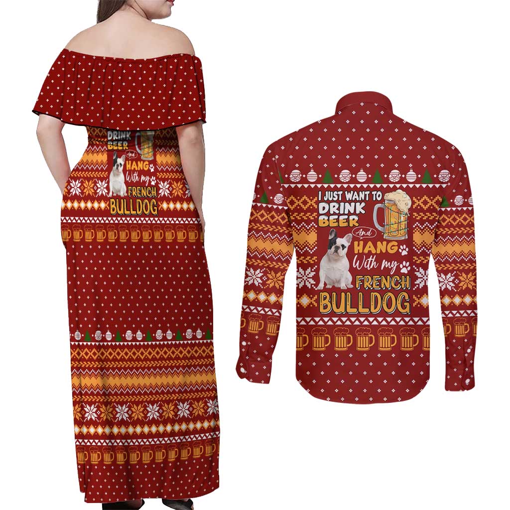 Drink Beer With French Bulldog Christmas Couples Matching Off Shoulder Maxi Dress and Long Sleeve Button Shirt Xmas Holiday Patterns - Wonder Print Shop