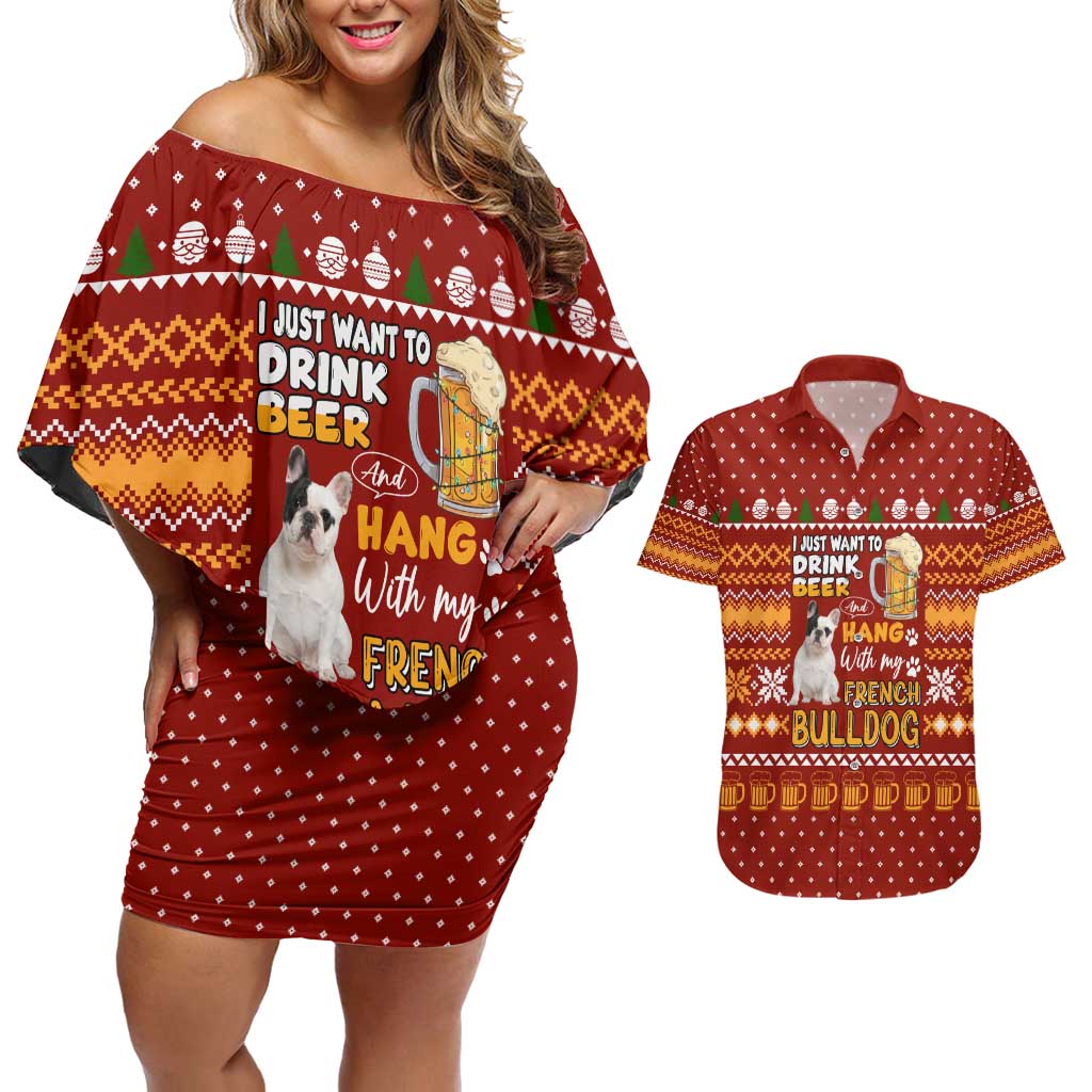 Drink Beer With French Bulldog Christmas Couples Matching Off Shoulder Short Dress and Hawaiian Shirt Xmas Holiday Patterns - undefined