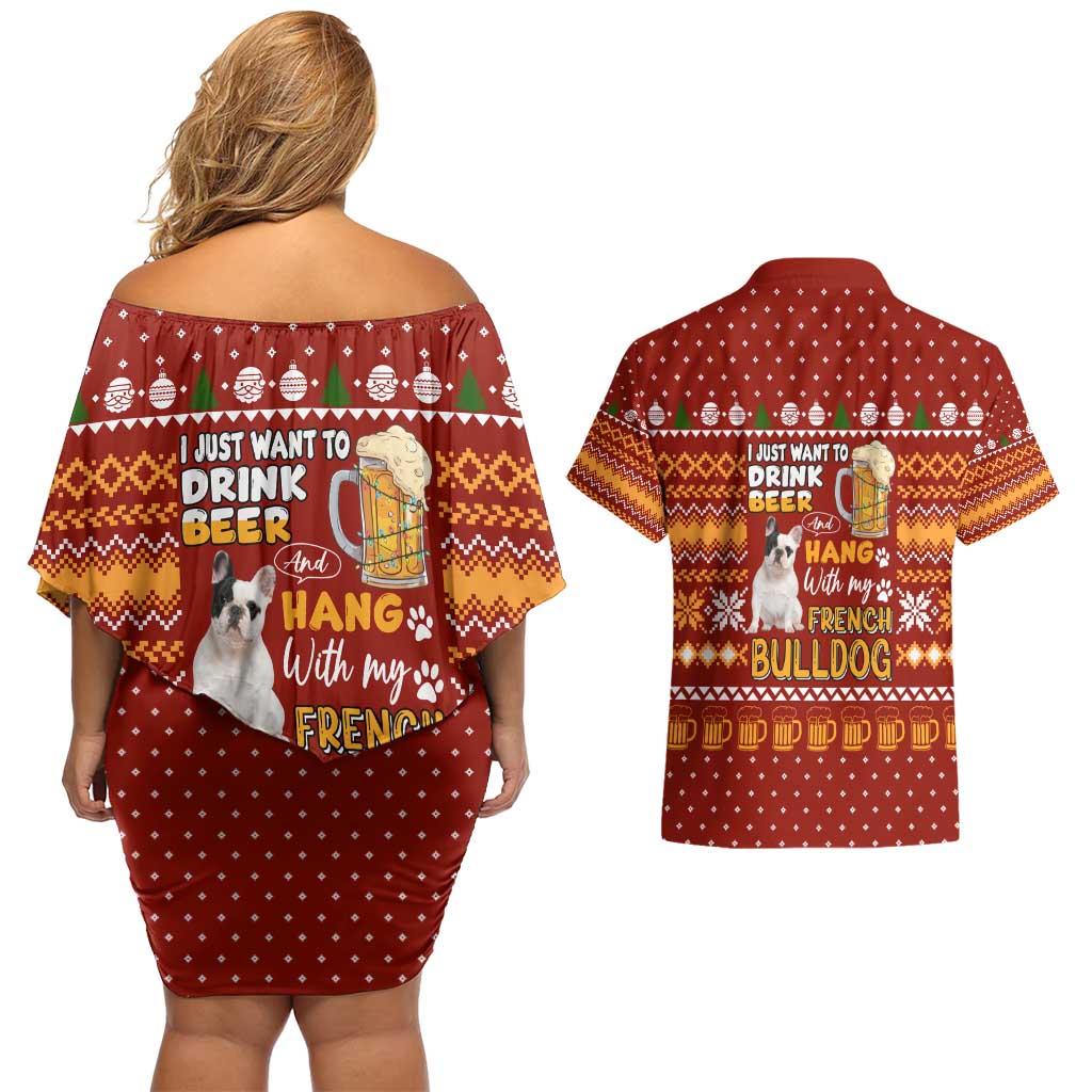 Drink Beer With French Bulldog Christmas Couples Matching Off Shoulder Short Dress and Hawaiian Shirt Xmas Holiday Patterns - undefined