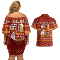 Drink Beer With French Bulldog Christmas Couples Matching Off Shoulder Short Dress and Hawaiian Shirt Xmas Holiday Patterns - undefined