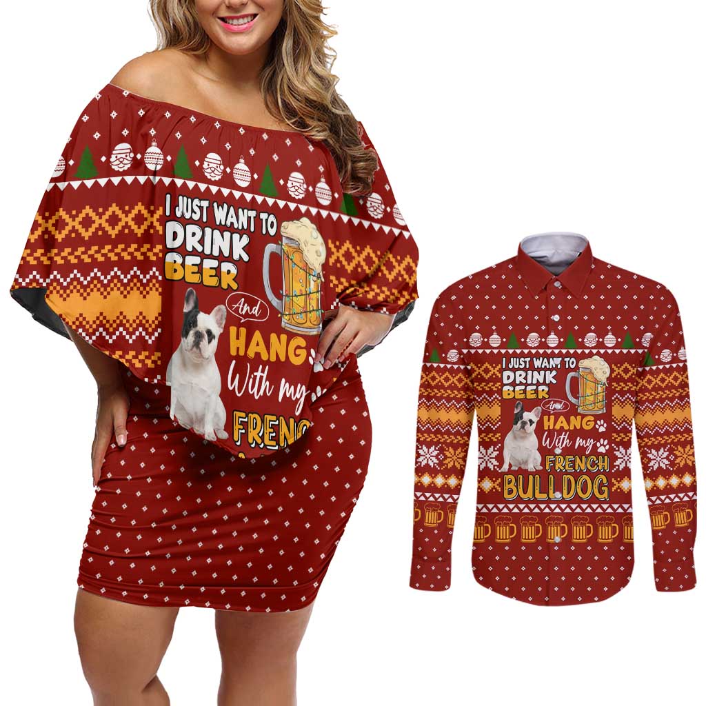 Drink Beer With French Bulldog Christmas Couples Matching Off Shoulder Short Dress and Long Sleeve Button Shirt Xmas Holiday Patterns - Wonder Print Shop