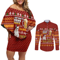Drink Beer With French Bulldog Christmas Couples Matching Off Shoulder Short Dress and Long Sleeve Button Shirt Xmas Holiday Patterns - Wonder Print Shop