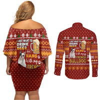 Drink Beer With French Bulldog Christmas Couples Matching Off Shoulder Short Dress and Long Sleeve Button Shirt Xmas Holiday Patterns - Wonder Print Shop