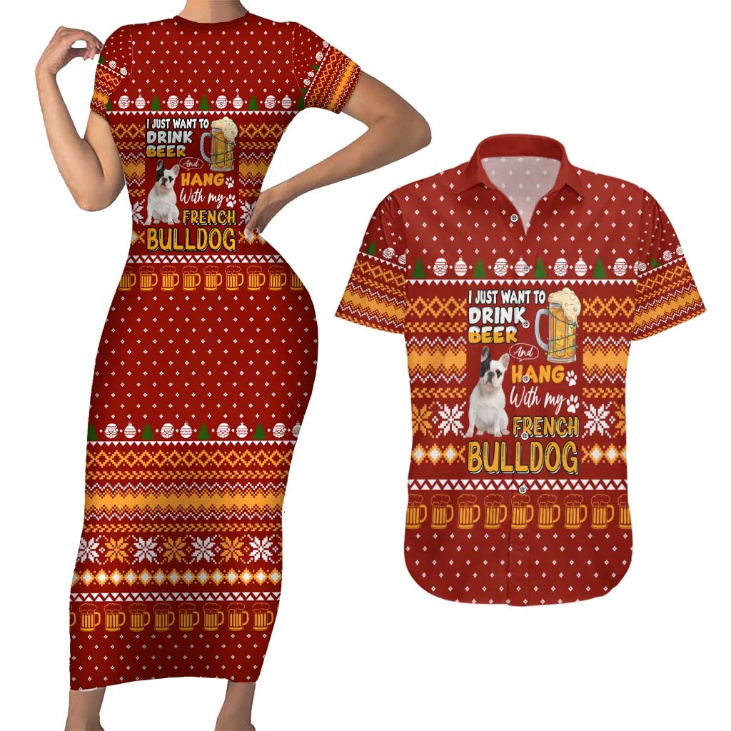 Drink Beer With French Bulldog Christmas Couples Matching Short Sleeve Bodycon Dress and Hawaiian Shirt Xmas Holiday Patterns - Wonder Print Shop