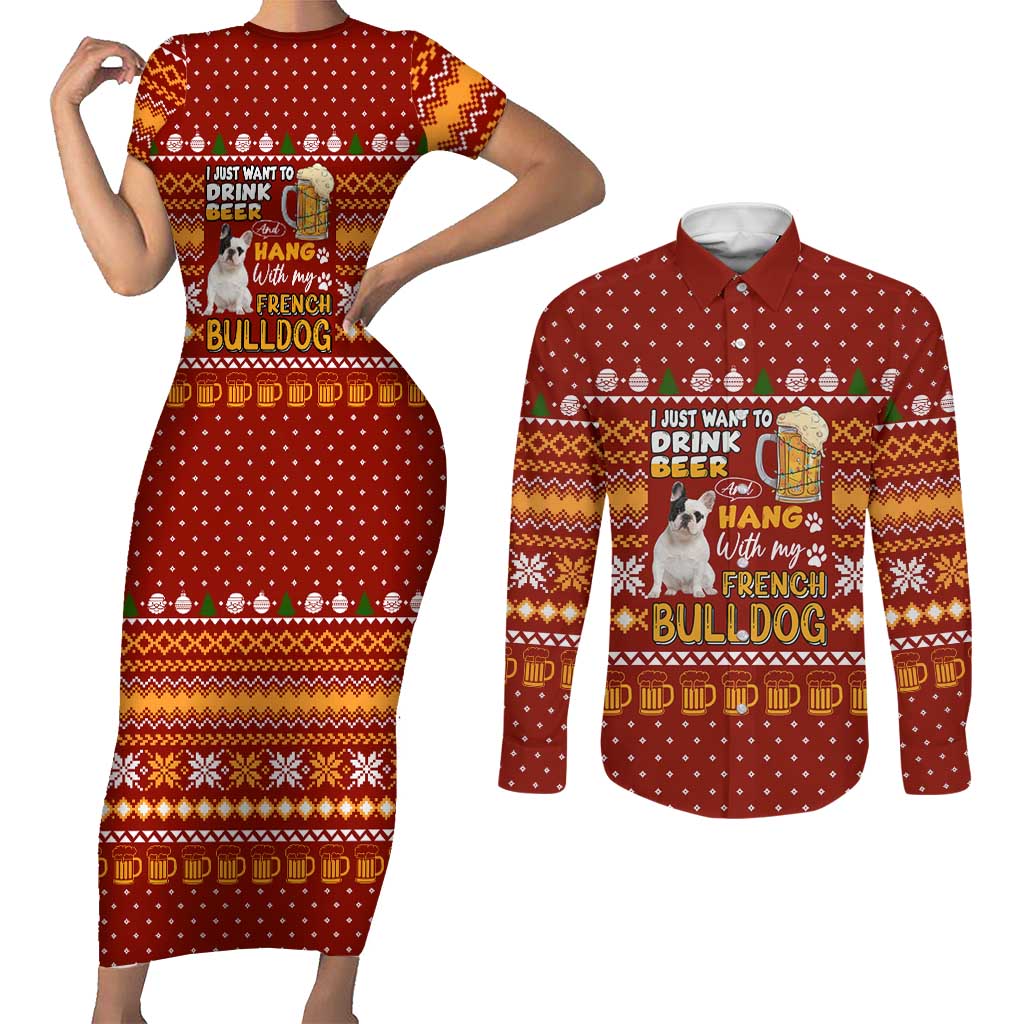 Drink Beer With French Bulldog Christmas Couples Matching Short Sleeve Bodycon Dress and Long Sleeve Button Shirt Xmas Holiday Patterns - Wonder Print Shop