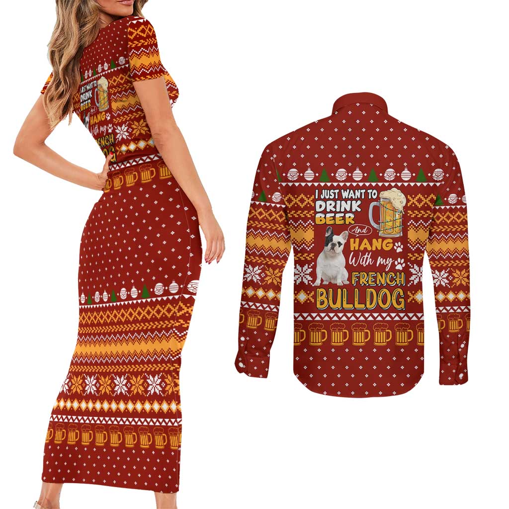 Drink Beer With French Bulldog Christmas Couples Matching Short Sleeve Bodycon Dress and Long Sleeve Button Shirt Xmas Holiday Patterns - Wonder Print Shop