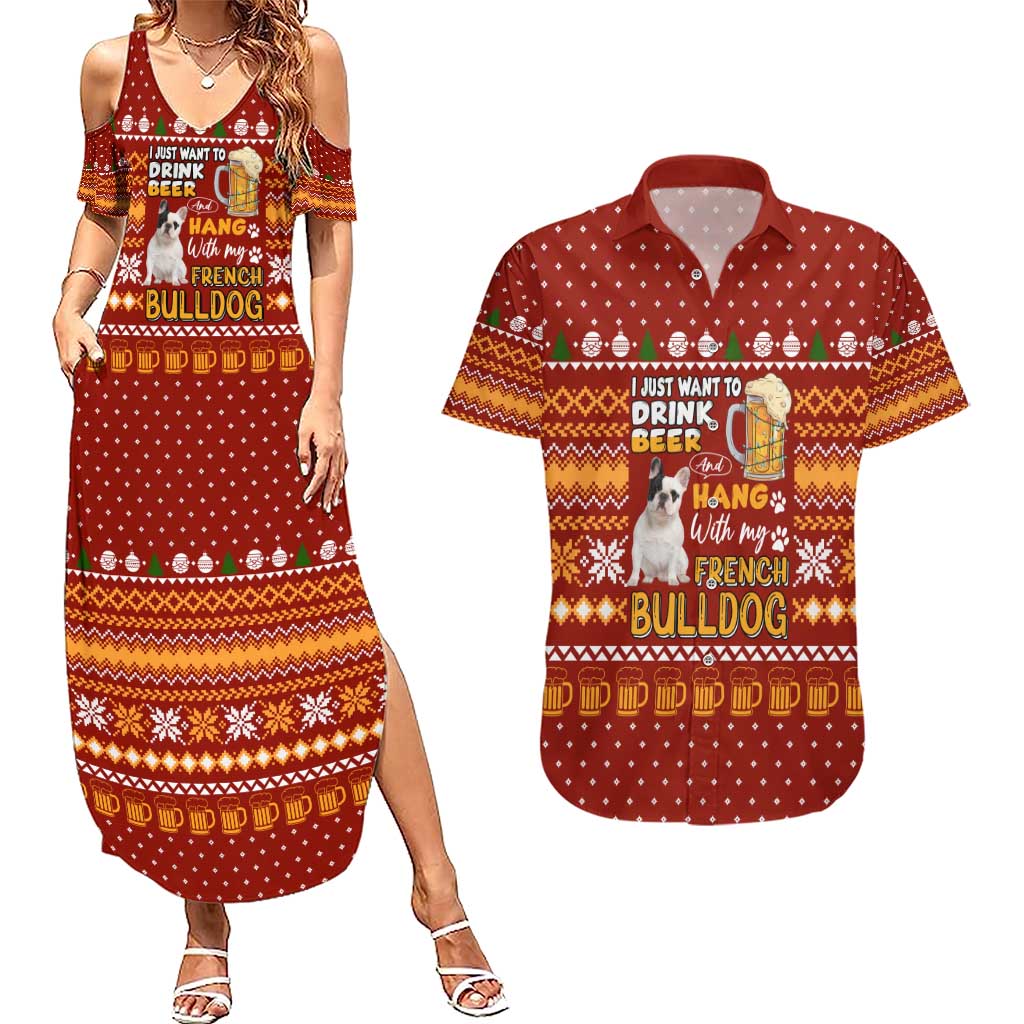 Drink Beer With French Bulldog Christmas Couples Matching Summer Maxi Dress and Hawaiian Shirt Xmas Holiday Patterns - Wonder Print Shop