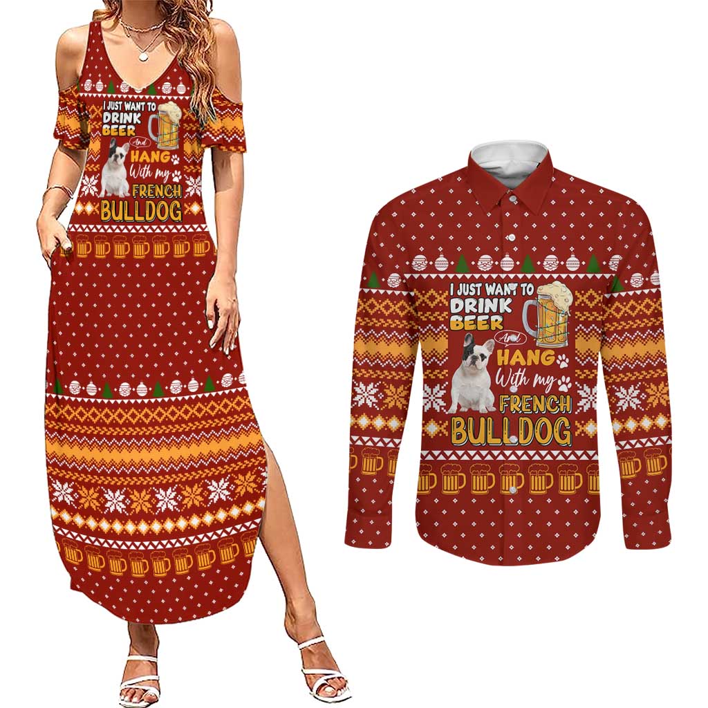 Drink Beer With French Bulldog Christmas Couples Matching Summer Maxi Dress and Long Sleeve Button Shirt Xmas Holiday Patterns - Wonder Print Shop
