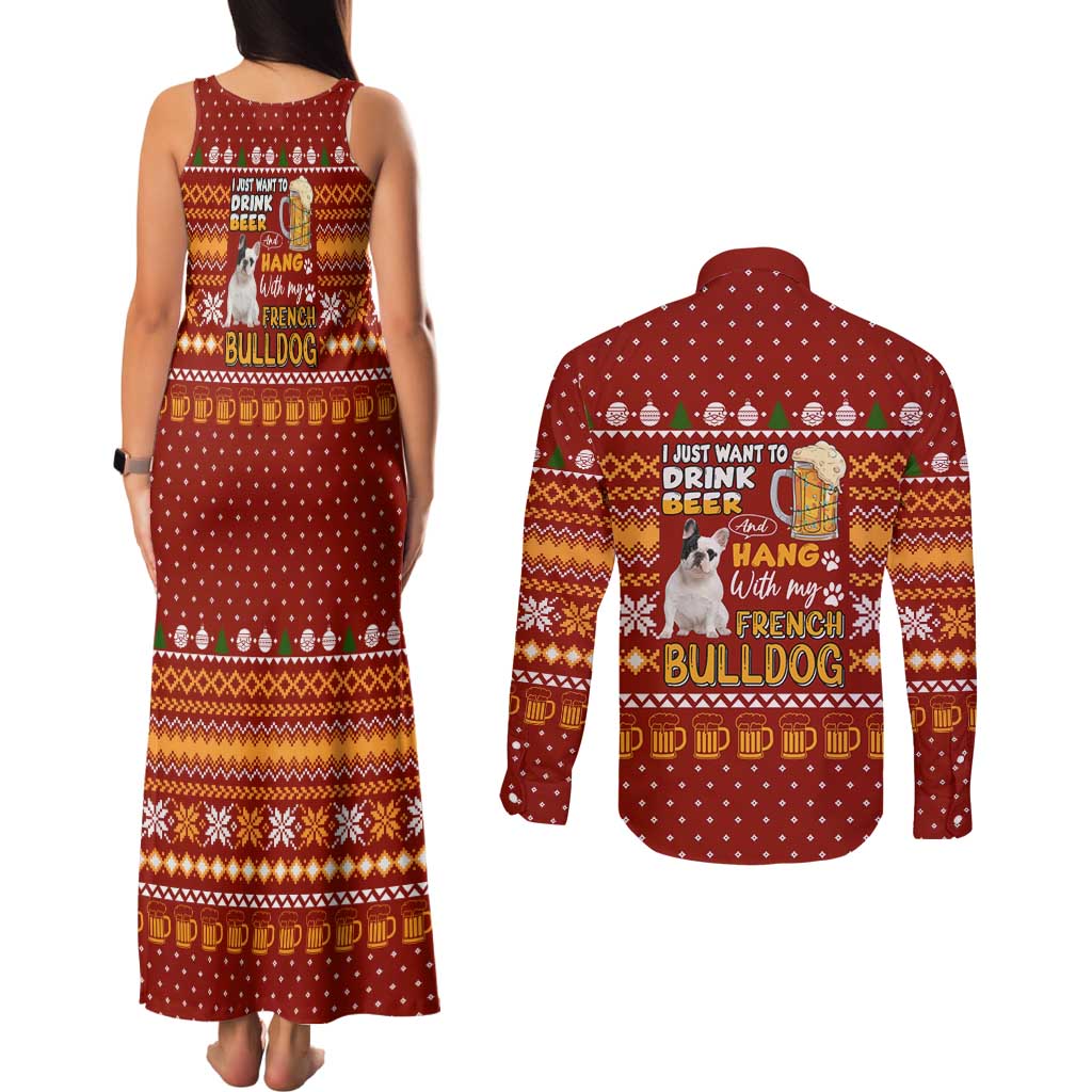 Drink Beer With French Bulldog Christmas Couples Matching Tank Maxi Dress and Long Sleeve Button Shirt Xmas Holiday Patterns - Wonder Print Shop